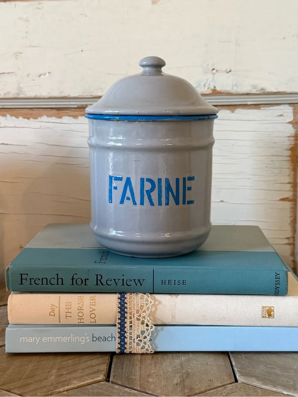 Vintage French Enamel Canisters;Sucre, Cafe & Farine,SET/3, Blue/Gray, Provence